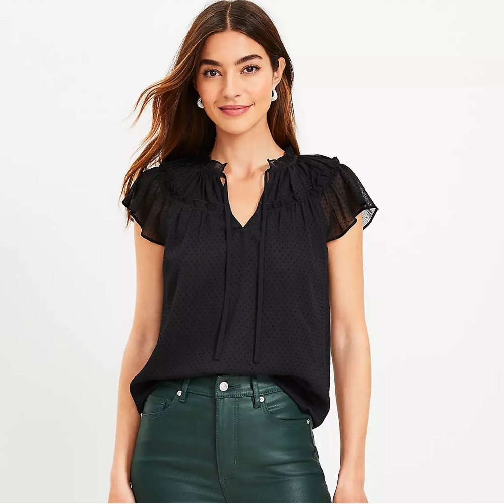 Petite Velvet Dot Ruffle Tie Neck Flutter Top - LOFT - Size S - NWT